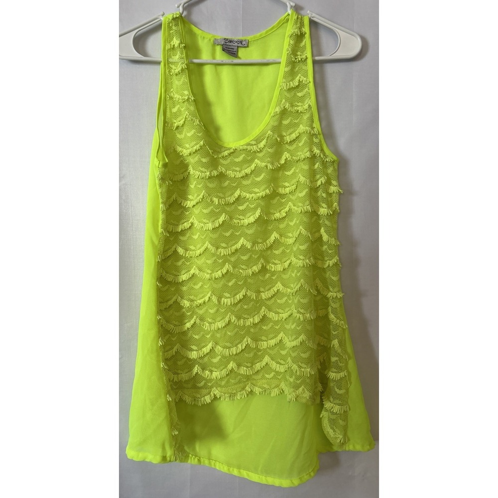 Woman's Fluorescent Yellow Fringe Layered  Sheer Hi Low Tank Top/Cover Up M‎